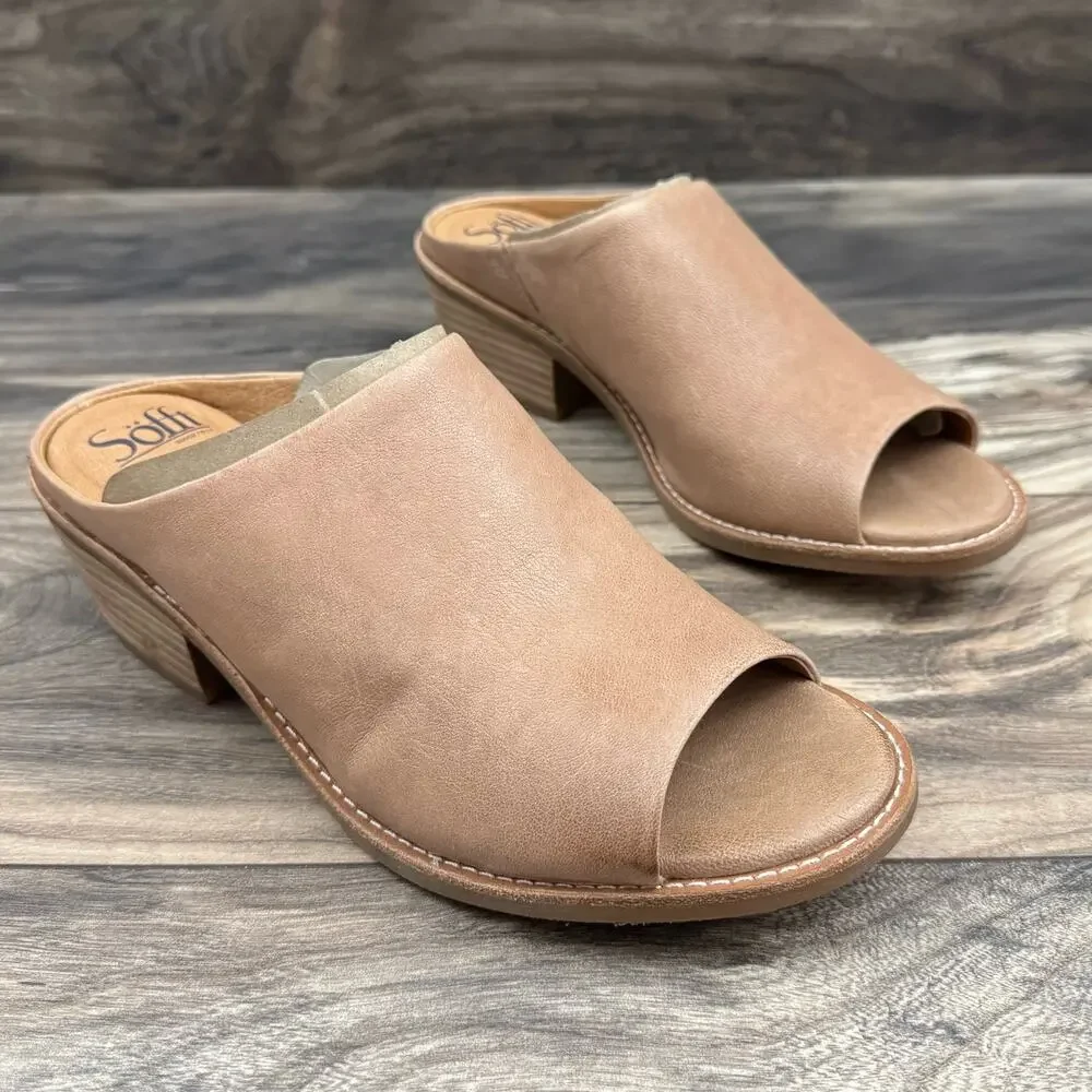 ❌SOLD OUT❌NIB Sofft Aneesa 9M Taupe Leather Open Toe Block Heel Slide Sandal - Picture 2 of 10